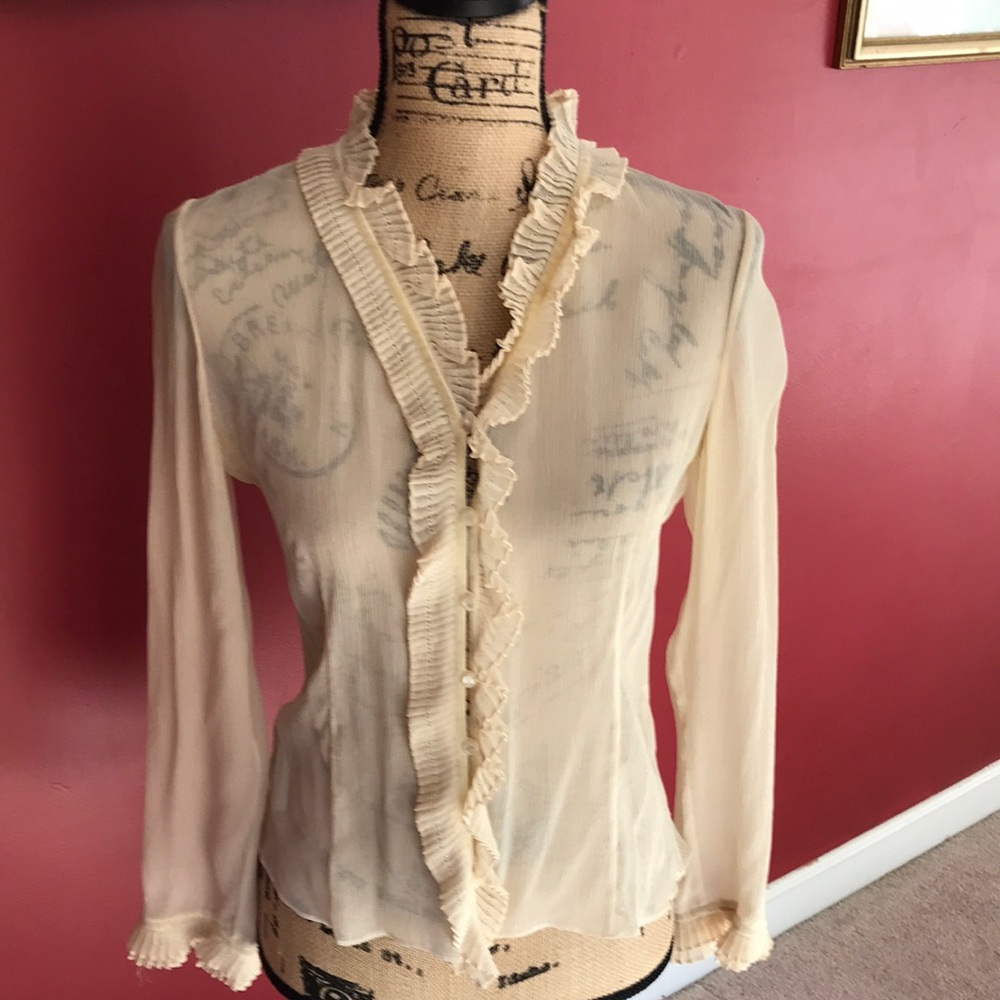 Soft & very feminine ruffled v neck collar blouse.